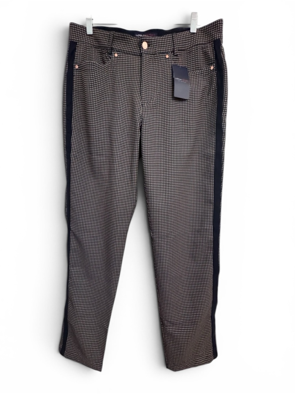 Lohla Sport Pants Straight Leg Houndstooth Side Stripe Navy/Tan 12 NWT Golf